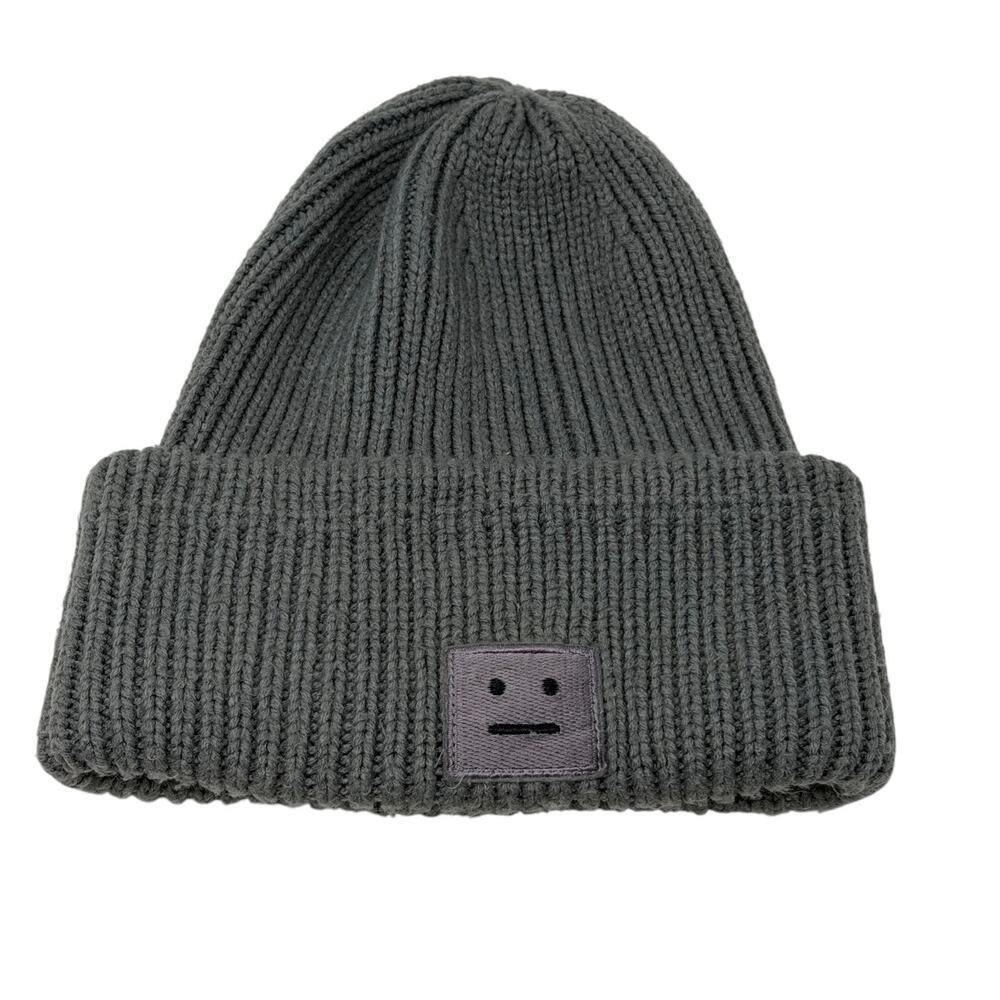 BTS SUGA Acne Studios Pansy Wool Beanie Face Logo Ribbed Knit Hat One Size Cap